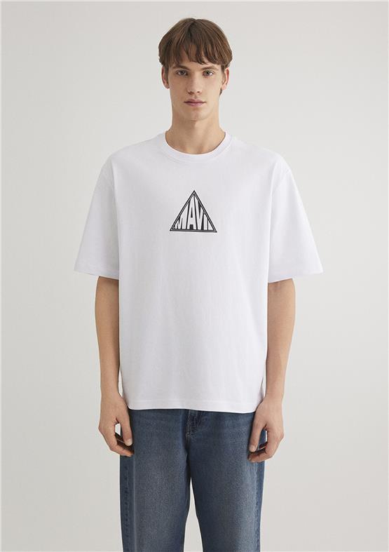 Mavı M0612524-620 Beyaz Erkek Loose Mavı Baskılı T-Shırt