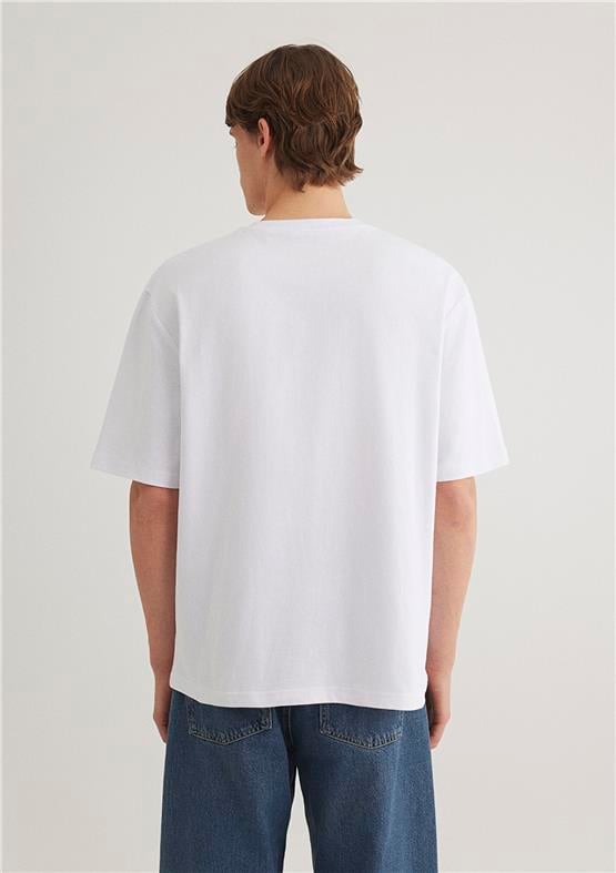 Mavı M0612524-620 Beyaz Erkek Loose Mavı Baskılı T-Shırt