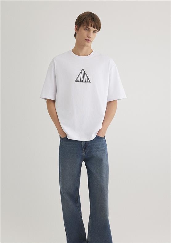 Mavı M0612524-620 Beyaz Erkek Loose Mavı Baskılı T-Shırt