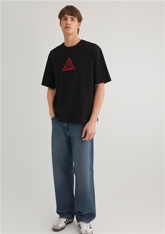 Mavı M0612524-900 Sıyah Erkek Loose Mavı Baskılı T-Shırt