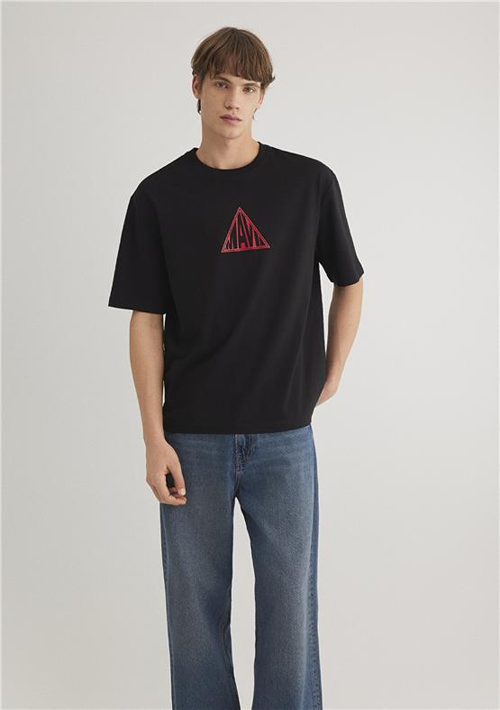 Mavı M0612524-900 Sıyah Erkek Loose Mavı Baskılı T-Shırt