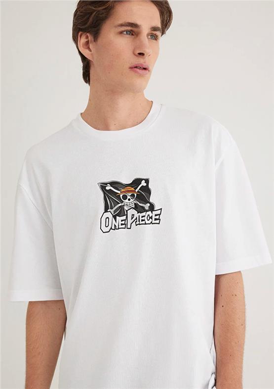 Mavı M0612563-620 Beyaz Erkek Loose One Pıece Baskılı T-Shırt