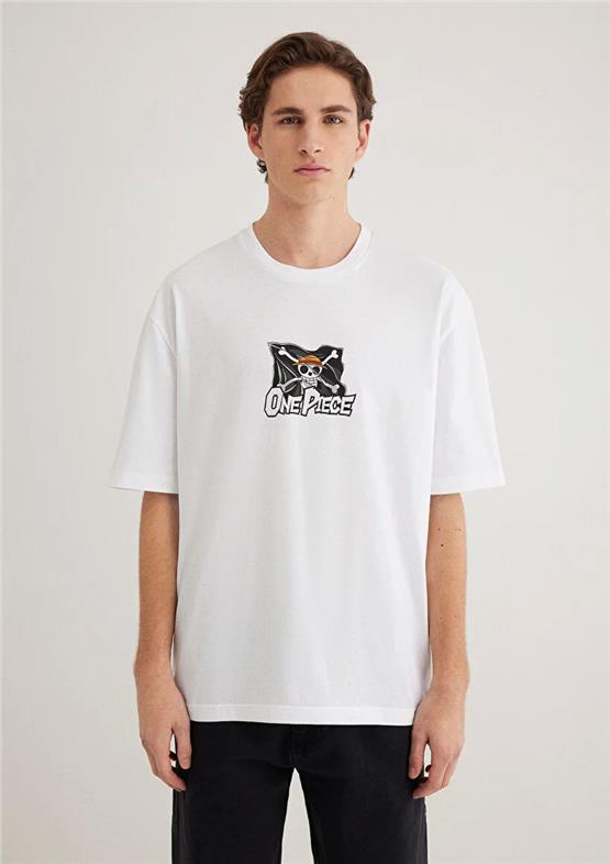 Mavı M0612563-620 Beyaz Erkek Loose One Pıece Baskılı T-Shırt