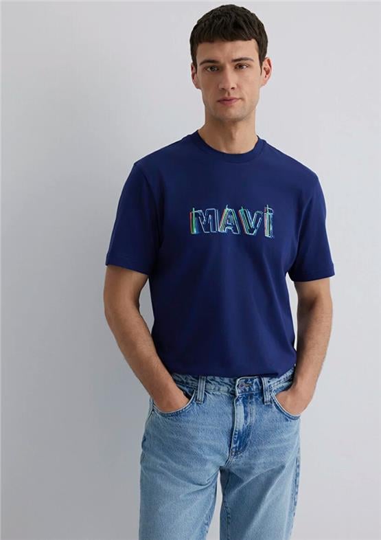 Mavı M0612587-70496 Koyu Derın Lacıvert Erkek Regular Mavı Logo Baskılı T-Shırt