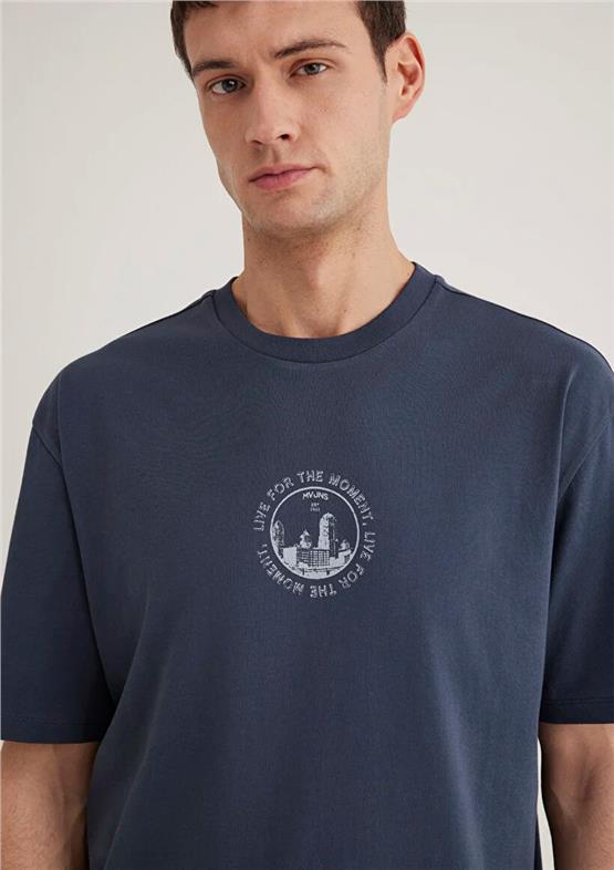 Mavı M0612627-70726 Murekkep Mavı Erkek Loose Pro Logo Baskılı T-Shırt