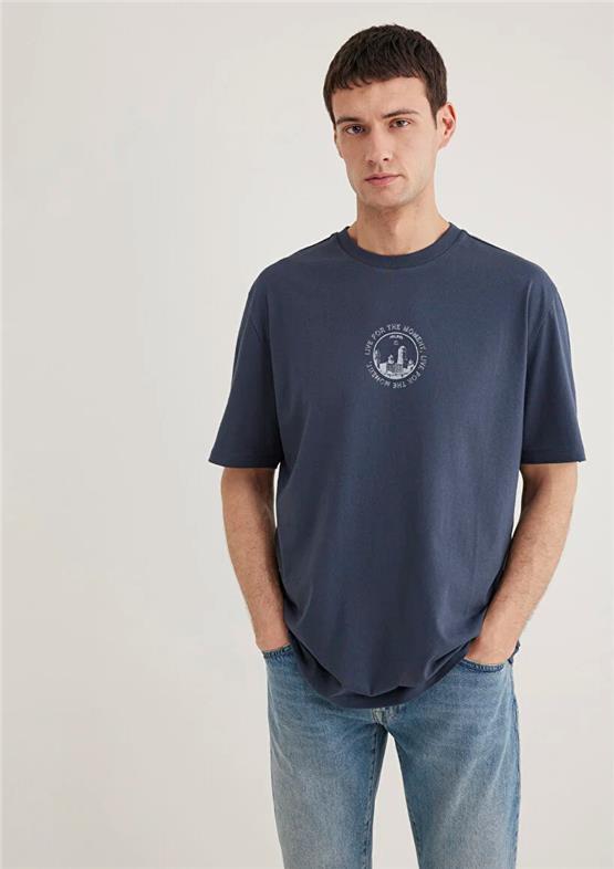 Mavı M0612627-70726 Murekkep Mavı Erkek Loose Pro Logo Baskılı T-Shırt