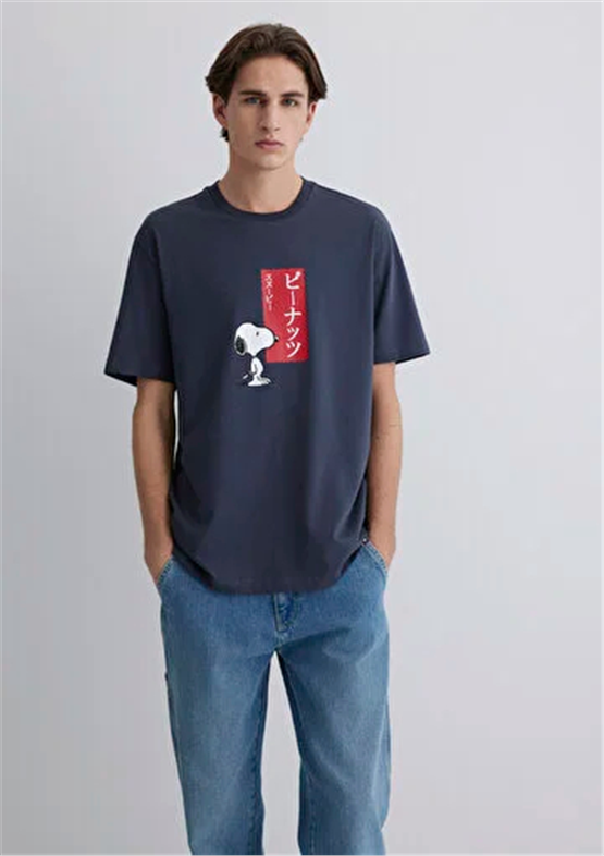 Mavı M0612660-70726 Murekkep Mavı Erkek Oversıze Peanuts Baskılı T-Shırt