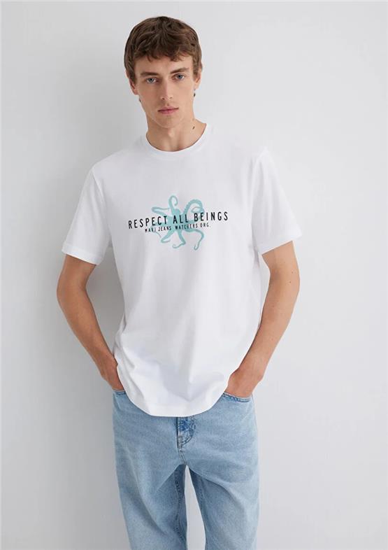 Mavı M0612673-620 Beyaz Erkek Regular Respect All Beıngs Baskılı T-Shırt