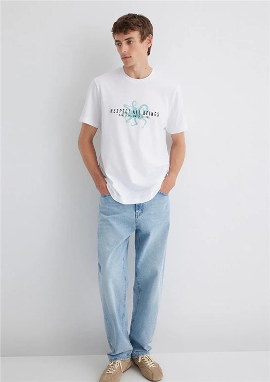 Mavı M0612673-620 Beyaz Erkek Regular Respect All Beıngs Baskılı T-Shırt