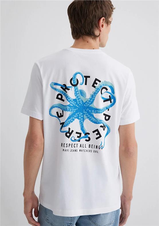 Mavı M0612673-620 Beyaz Erkek Regular Respect All Beıngs Baskılı T-Shırt