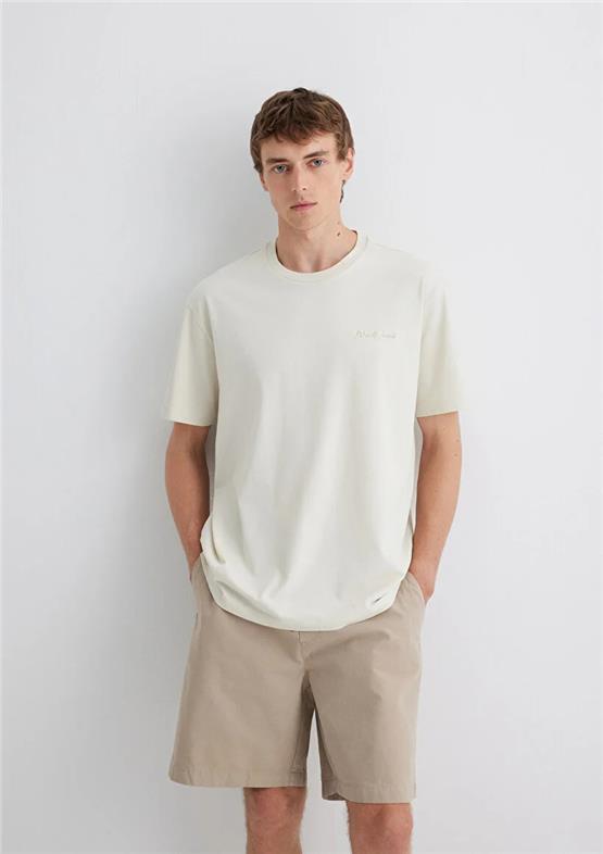 Mavı M0612733-70134 Kum Bejı Erkek Loose Mavı Logo Baskılı T-Shırt