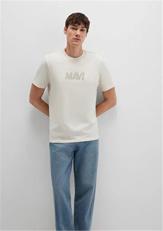 Mavı M0612896-70134 Kum Bejı Erkek Regular Logo Baskılı T-Shırt