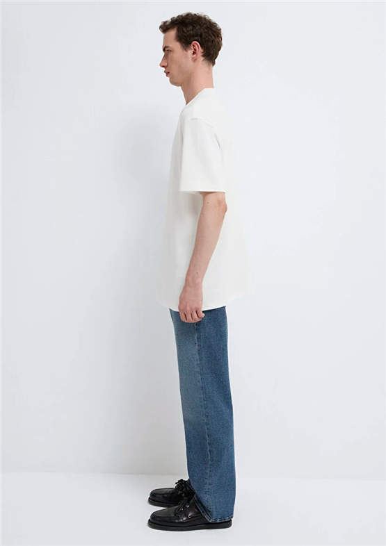 Mavı M0613102-80194 Hındıstan Cevızı Erkek Oversıze Mavı Baskılı T-Shırt