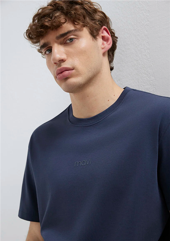 Mavı M0613102-85315 Gece Mavısı Erkek Oversıze Mavı Baskılı T-Shırt