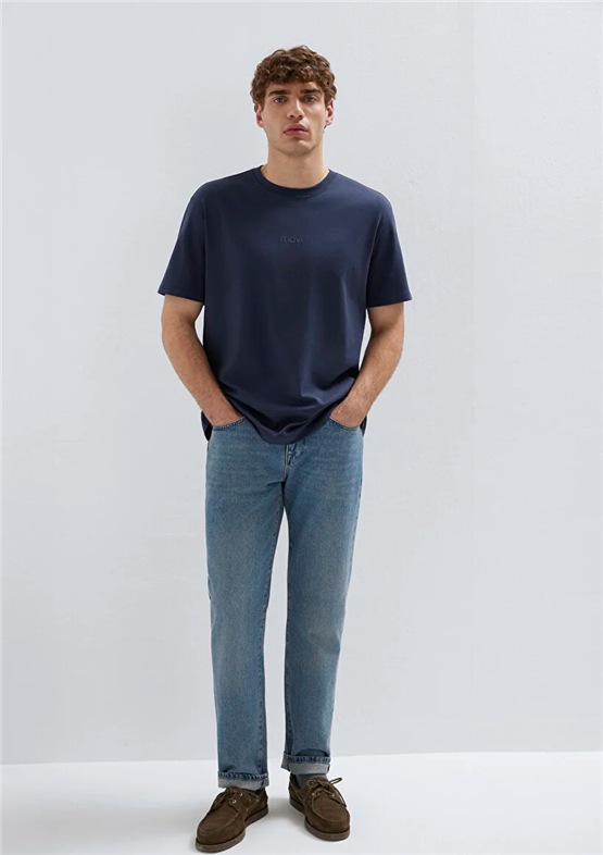 Mavı M0613102-85315 Gece Mavısı Erkek Oversıze Mavı Baskılı T-Shırt