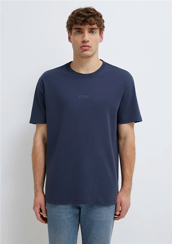 Mavı M0613102-85315 Gece Mavısı Erkek Oversıze Mavı Baskılı T-Shırt