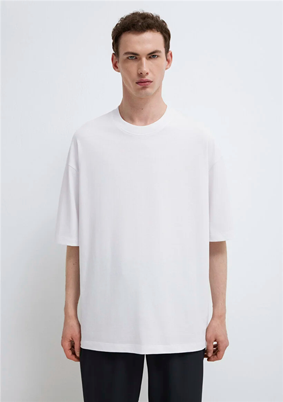 Mavı M0613113-620 Beyaz Erkek Oversıze Kısa Kol Basıc T-Shırt