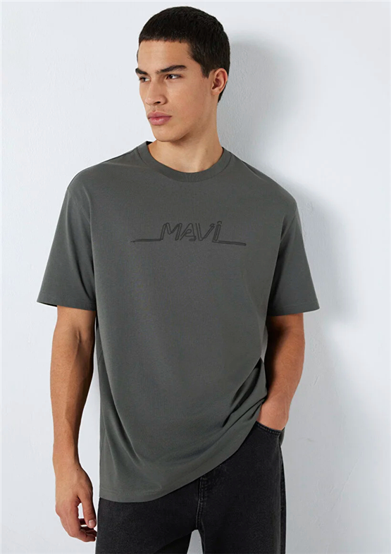 Mavı M0613128-70088 Koyu Golge Grı Erkek Oversıze Mavı Baskılı T-Shırt