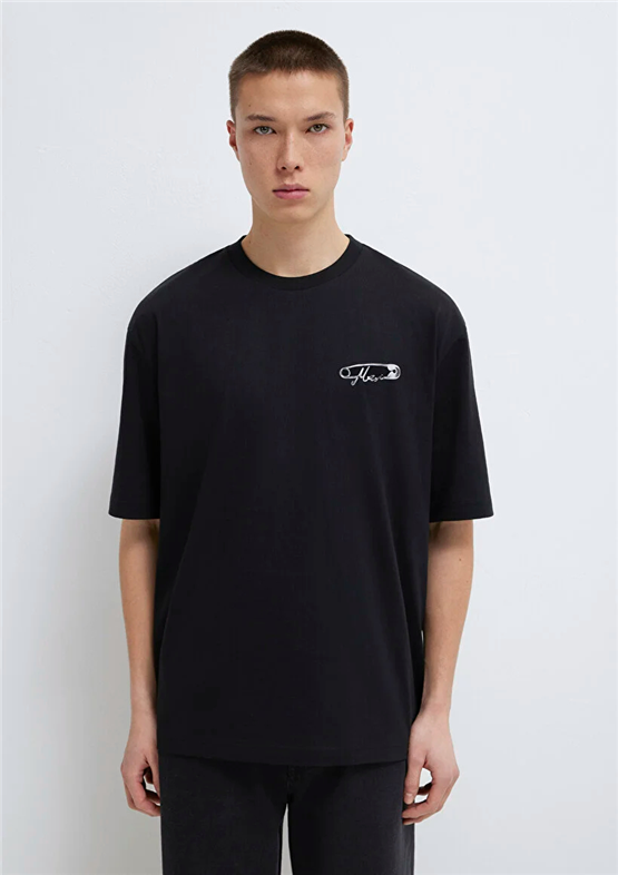 Mavı M0613149-900 Sıyah Erkek Oversıze Mavı Baskılı T-Shırt