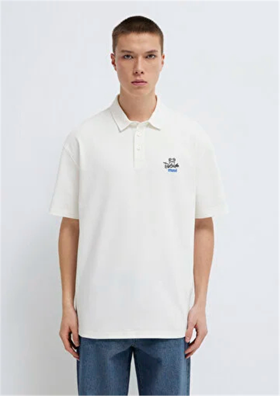 Mavı M0613180-70057 Kırık Beyaz Erkek Oversıze Mavı Logo Baskılı Polo T-Shırt