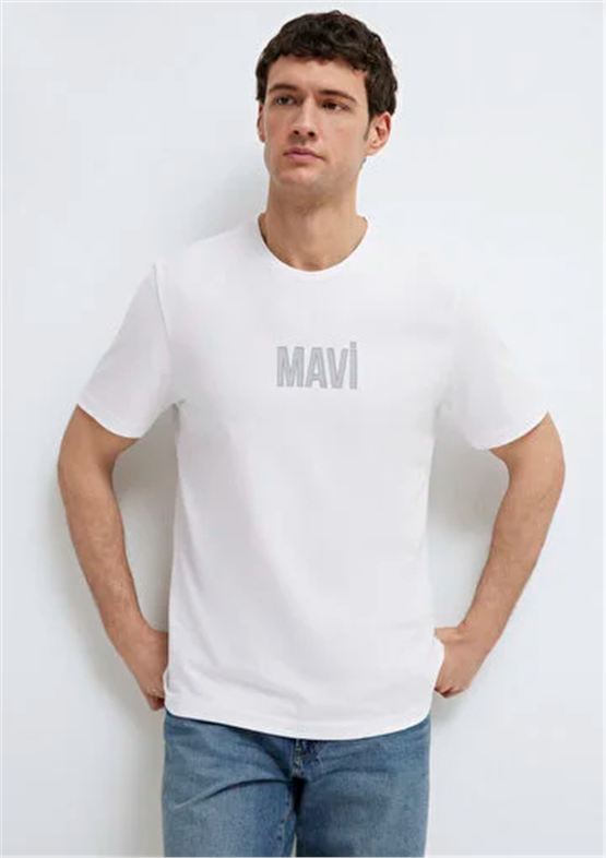 Mavı M0613186-620 Beyaz Erkek Regular Mavı Baskılı T-Shırt