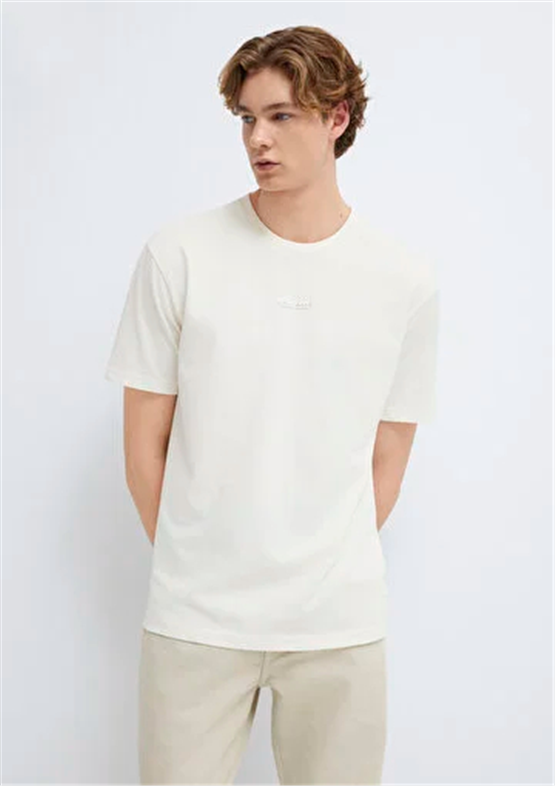 Mavı M0613348-80194 Hındıstan Cevızı Erkek Oversıze Mavı Jeans Logo Baskılı T-Shırt