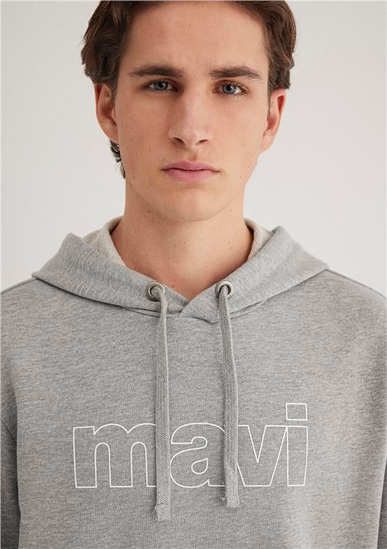 Mavi M065606-28387 Açık Gri Melanj Erkek Regular Mavi Logo Baskılı Kapüşonlu Sweatshirt
