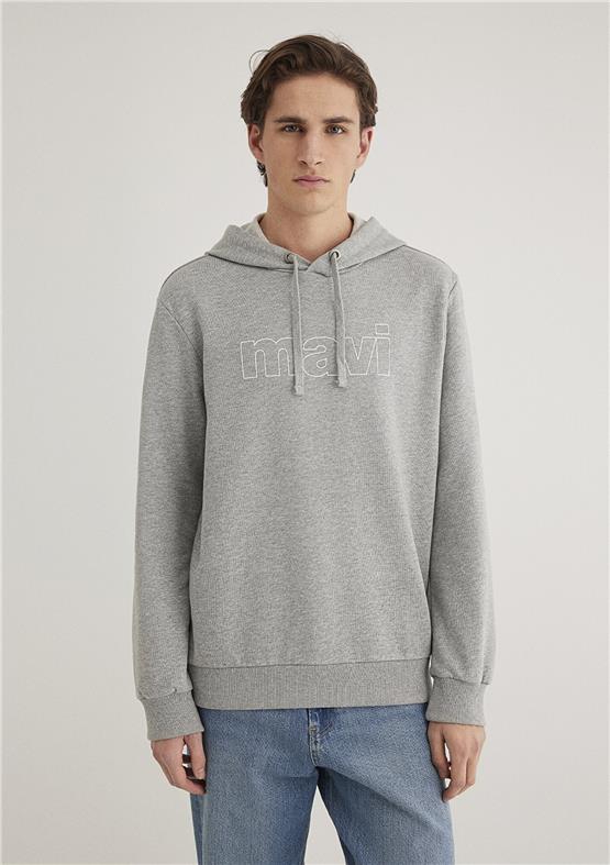 Mavi M065606-28387 Açık Gri Melanj Erkek Regular Mavi Logo Baskılı Kapüşonlu Sweatshirt
