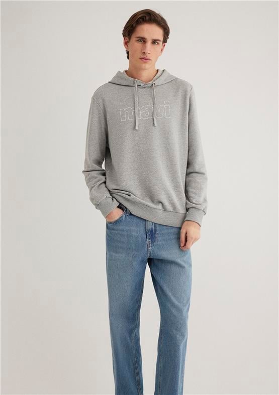 Mavi M065606-28387 Açık Gri Melanj Erkek Regular Mavi Logo Baskılı Kapüşonlu Sweatshirt