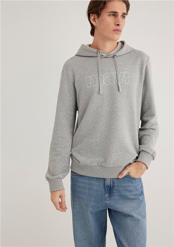 Mavi M065606-28387 Açık Gri Melanj Erkek Regular Mavi Logo Baskılı Kapüşonlu Sweatshirt