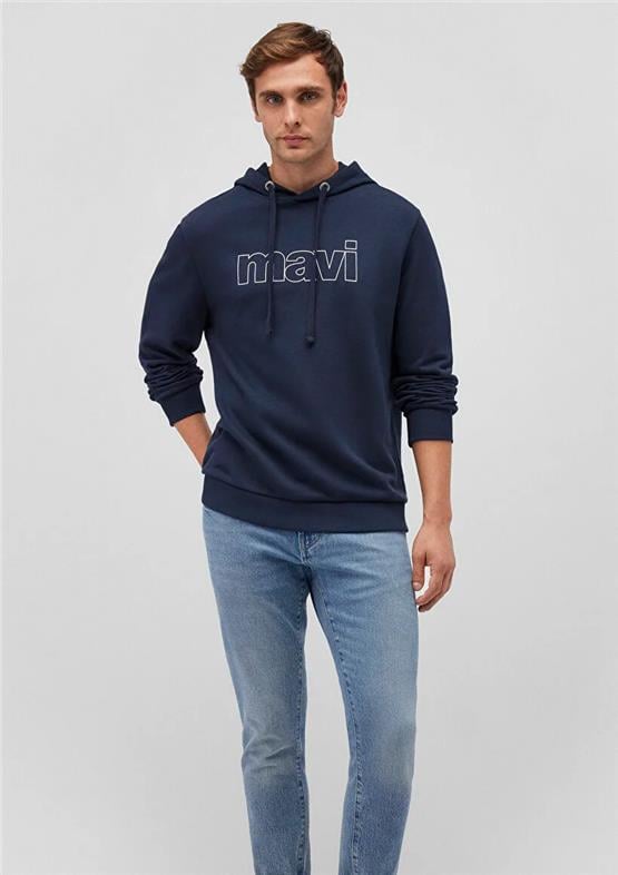 Mavi M065606-28417 Gece Lacivert Erkek Regular Mavi Logo Baskılı Kapüşonlu Sweatshirt