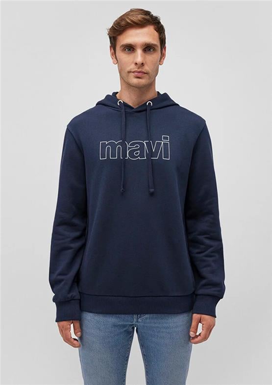 Mavi M065606-28417 Gece Lacivert Erkek Regular Mavi Logo Baskılı Kapüşonlu Sweatshirt