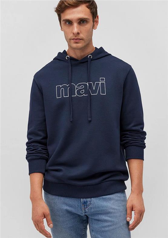 Mavi M065606-28417 Gece Lacivert Erkek Regular Mavi Logo Baskılı Kapüşonlu Sweatshirt