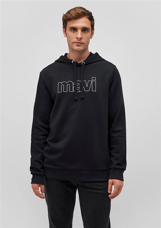 Mavi M065606-900 Siyah Erkek Regular Mavi Logo Baskılı Kapuşonlu Sweatshirt