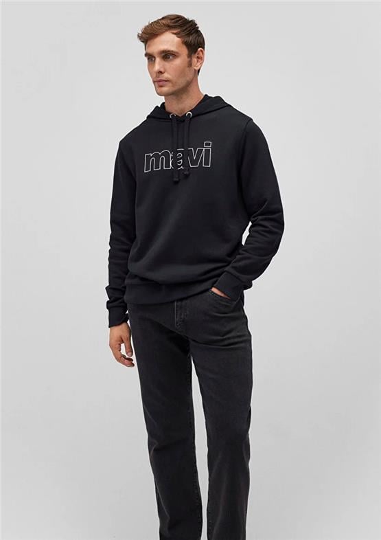 Mavi M065606-900 Siyah Erkek Regular Mavi Logo Baskılı Kapuşonlu Sweatshirt