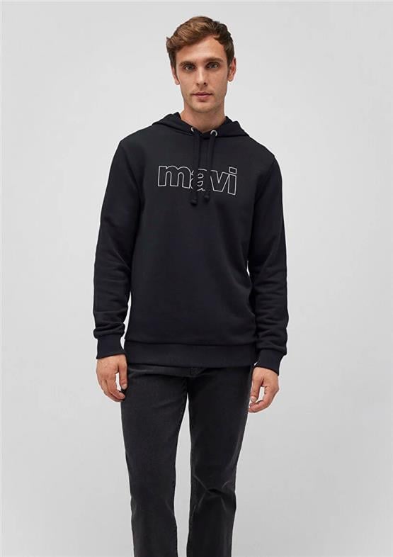 Mavi M065606-900 Siyah Erkek Regular Mavi Logo Baskılı Kapuşonlu Sweatshirt