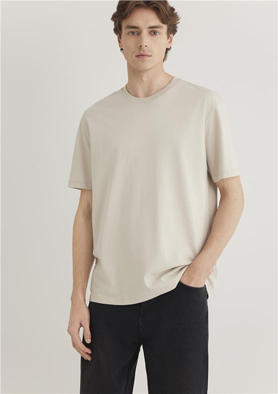 Mavı M066249-70144 Ay Tası Bejı Erkek Loose Basıc Bısıklet Yaka T-Shırt