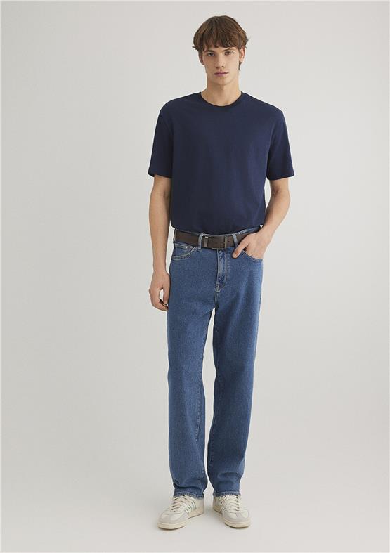 Mavı M066249-70497 Derın Lacıvert Erkek Loose Basıc Bısıklet Yaka T-Shırt