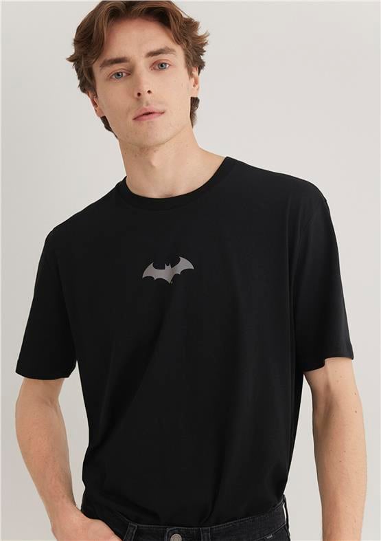 Mavi M066878-900 Siyah Erkek Batman Reflektor Baskılı T-Shirt