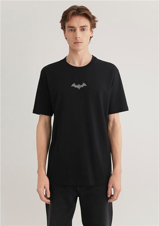 Mavi M066878-900 Siyah Erkek Batman Reflektor Baskılı T-Shirt