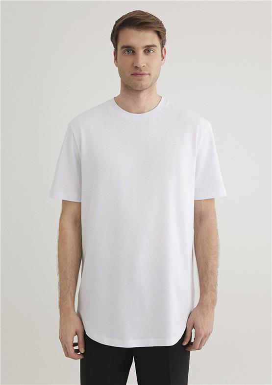 Mavı M067082-620 Beyaz Erkek Slım Long Basıc Bısıklet Yaka T-Shırt