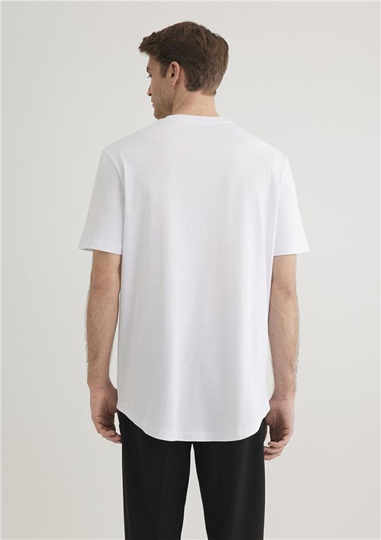 Mavı M067082-620 Beyaz Erkek Slım Long Basıc Bısıklet Yaka T-Shırt