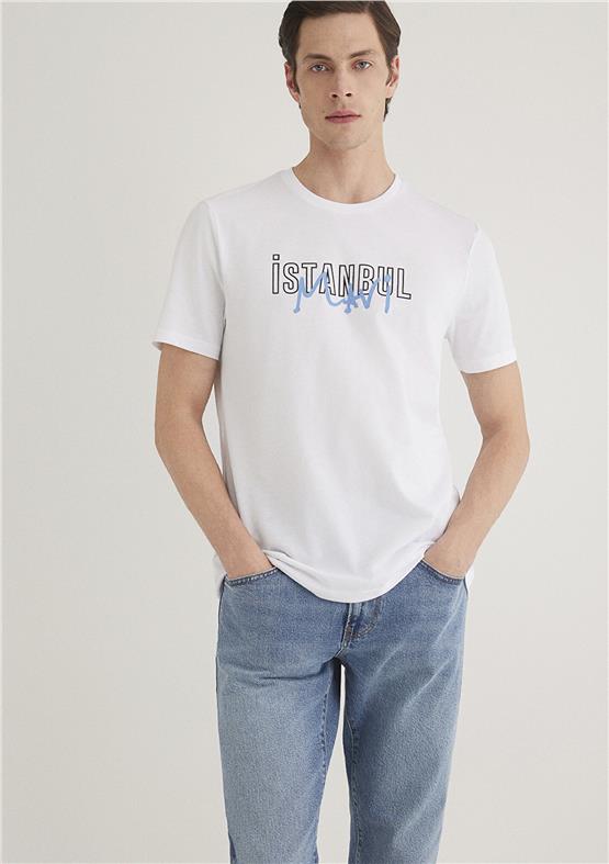 Mavi M067114-620 Beyaz Erkek Regular İstanbul Baskılı T-Shirt