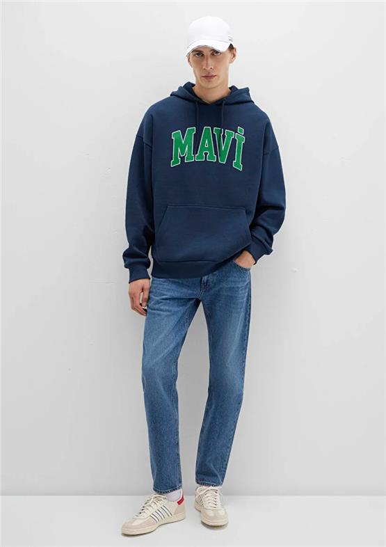 Mavı M067149-29743 Gece Lacıvert Erkek Mavı Logo Baskılı Kapusonlu Oversıze Sweatshırt