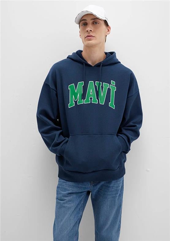 Mavı M067149-29743 Gece Lacıvert Erkek Mavı Logo Baskılı Kapusonlu Oversıze Sweatshırt