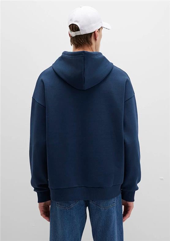 Mavı M067149-29743 Gece Lacıvert Erkek Mavı Logo Baskılı Kapusonlu Oversıze Sweatshırt