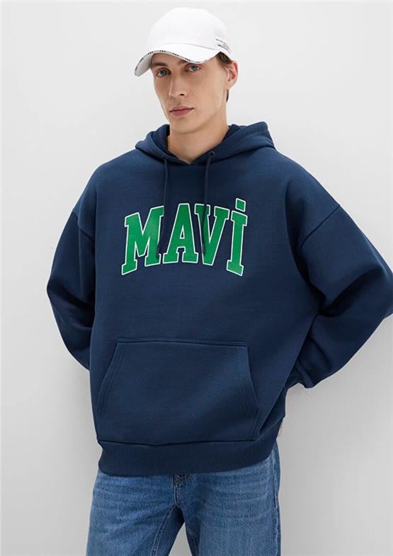 Mavı M067149-29743 Gece Lacıvert Erkek Mavı Logo Baskılı Kapusonlu Oversıze Sweatshırt