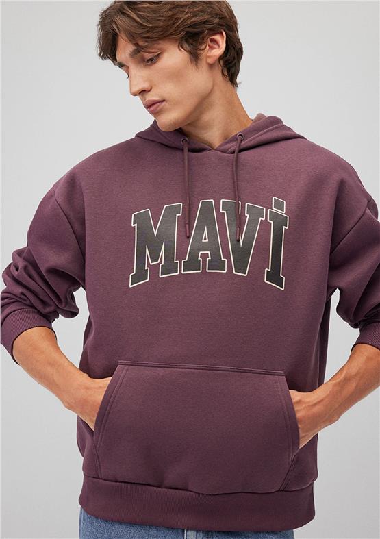 Mavı M067149-70260 Huckleberry Erkek Oversıze Kapusonlu Mavı Logo Baskılı Sweatshırt