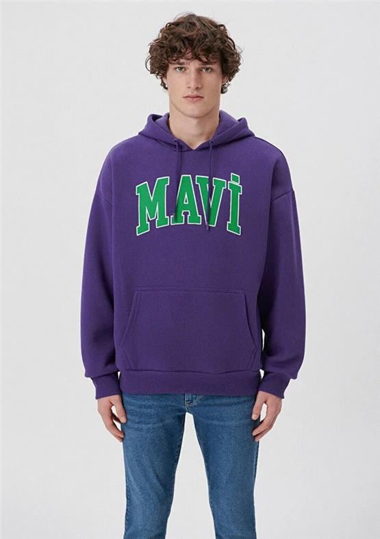 Mavi M067149-70693 Canlı Mor Erkek Oversize Kapuşonlu Logo Sweatshirt