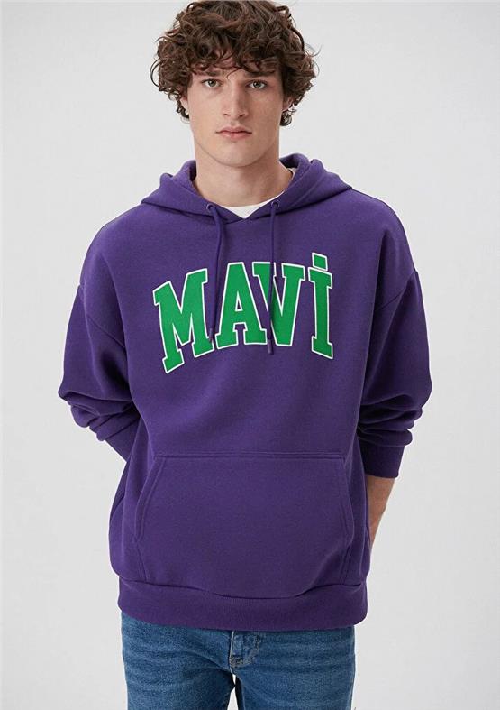Mavi M067149-70693 Canlı Mor Erkek Oversize Kapuşonlu Logo Sweatshirt